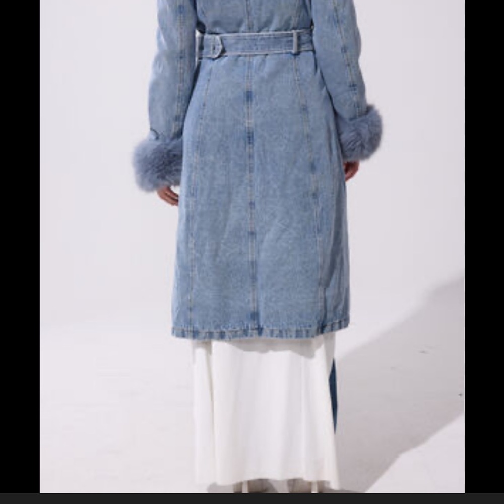 Urban Outfitters Azalea Wang Blue Faux Fur Trim Denim Trench Coat - Picture 3 of 5
